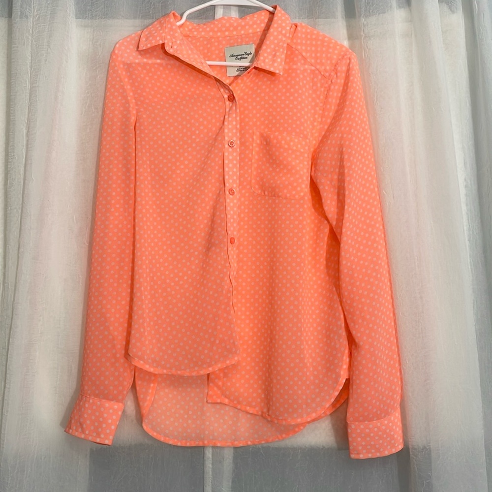 American Eagle Outfitters Womens Size M NEON Coral Polka-Dot Button Down Blouse!